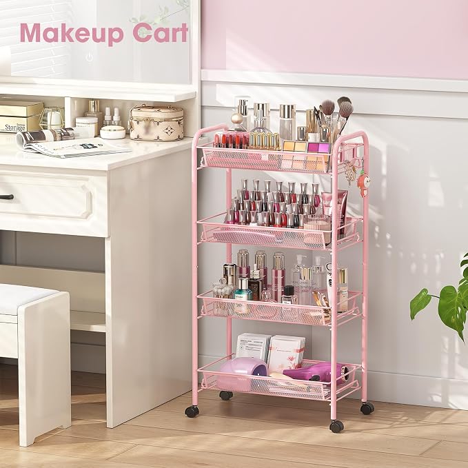 TOOLF 4 Tier Rolling Cart, Metal Utility Storage Cart with Wheels, Pink | 3 Hooks, Screwless Assembly, Trolley Organizer for Bathroom, Kitchen, Office, Nursery, Dorm, Laundry Room - Image 2
