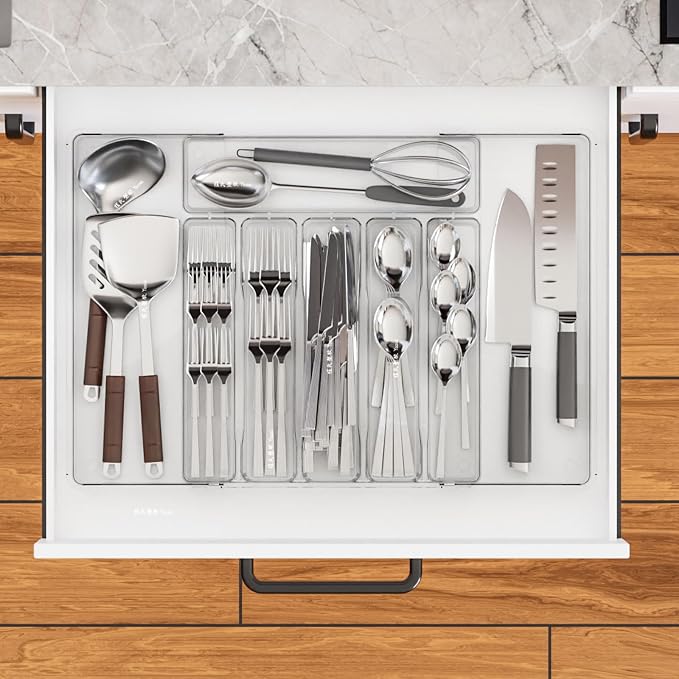 Clear Expandable Silverware Drawer Organizer - Adjust From 11'' to 22'' - Knife,Cutlery,Spoons and Forks Organizer,Large 8 Grid Flatware,Silverware Tray,Utensil Organizer for Kitchen Drawers - Image 5