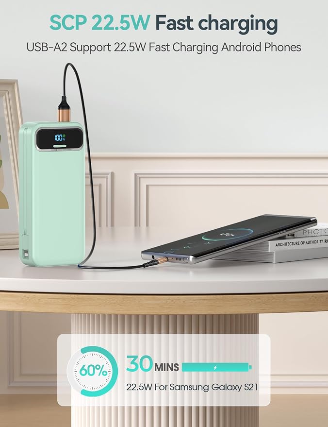 aonidi Portable Charger 20000mAh with Built-in Cables&AC Wall Plug, Green | PD20W Fast Charging,Travel Essential,TSA Approved,LED Display,All in One USB C Power Bank for All Cell Phones Devices - Image 6