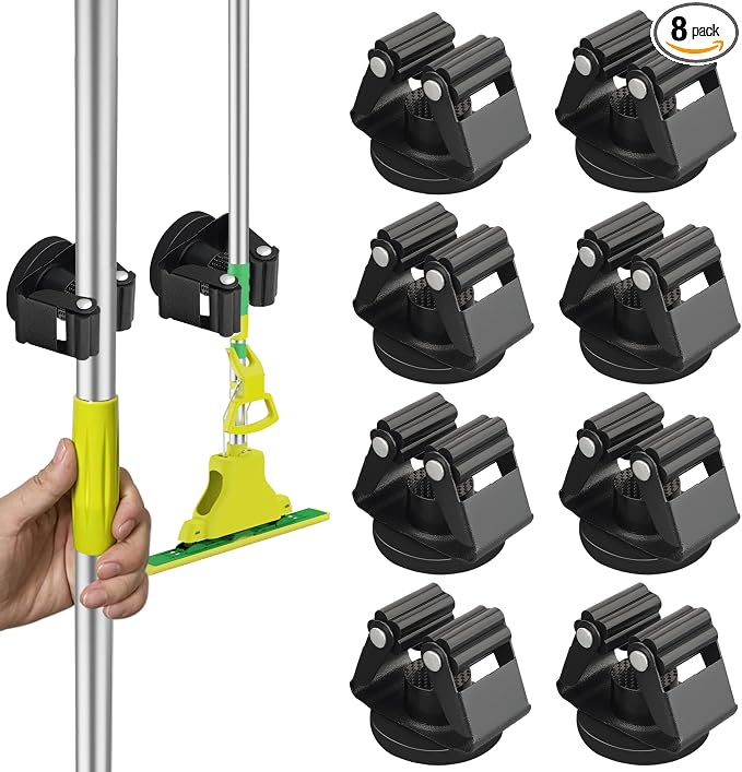 ULIBERMAGNET Magnetic Mop Broom Holder,Heavy Duty Movable Magnetic Broom Holder Rack,Anti-slip Wall Mounted Utility Storage Mop Shovel Hanger for Garage, Kitchen, Laundry, Garden(8 Pack/Black) by ULIBERMAGNET