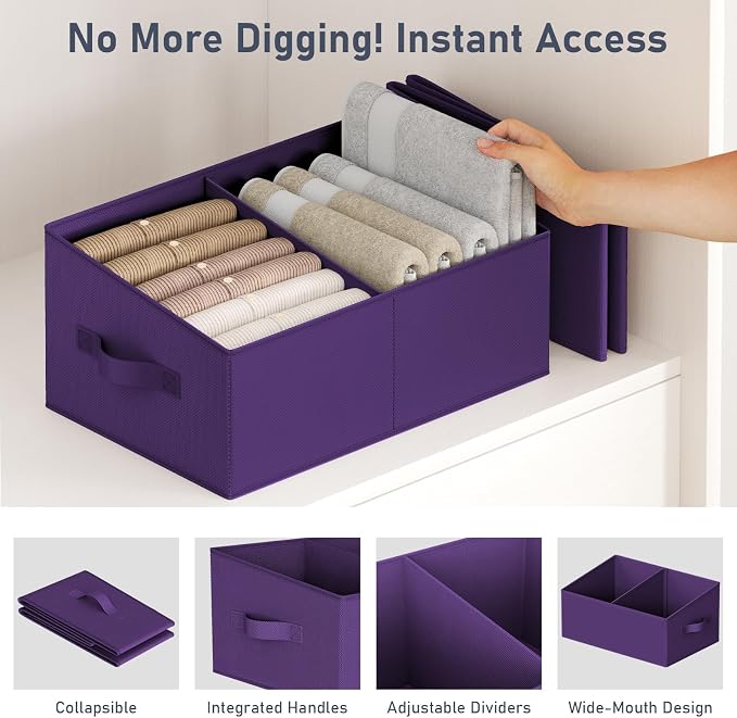 DIMJ Large Closet Shelf Organizer Bins 6 Packs with Handles and Divider, Fabric Trapezoid Storage Baskets, Foldable Clothes Containers Box for Shelf, Towel, Book, Toy, Purse, Hats, Purple - Image 4
