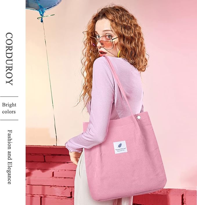 LHMTQVK Corduroy Tote Bags for Women, Large Capacity Tote Purse Reusable Grocery Shoulder Bag with Inner Pockets - Image 6