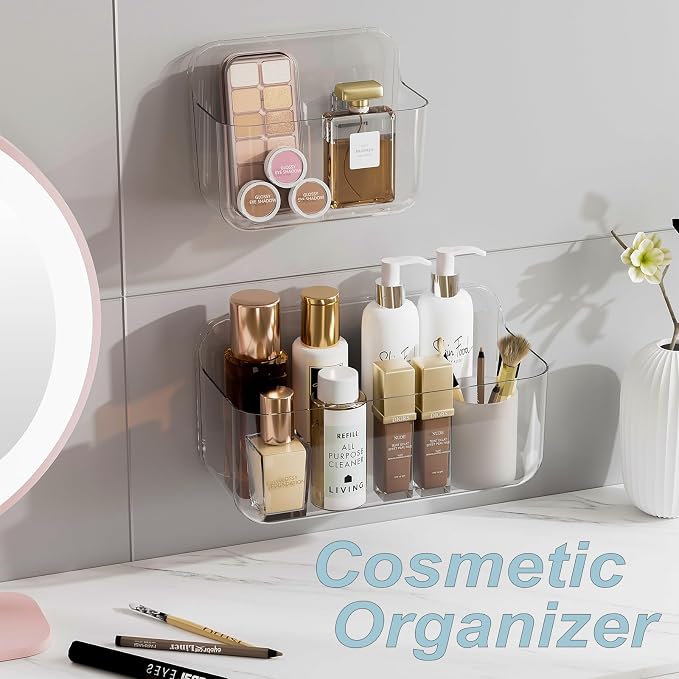 ZEXALOR Wall Mounted Storage Organizer Bins Organizing Shelf Basket Clear Plastic Makeup Organizer Adhesive Hanging Bin Fridge Organizer for Bathroom,Kitchen,Cabinet,Pantry,Countertops (XL+L) - Image 3