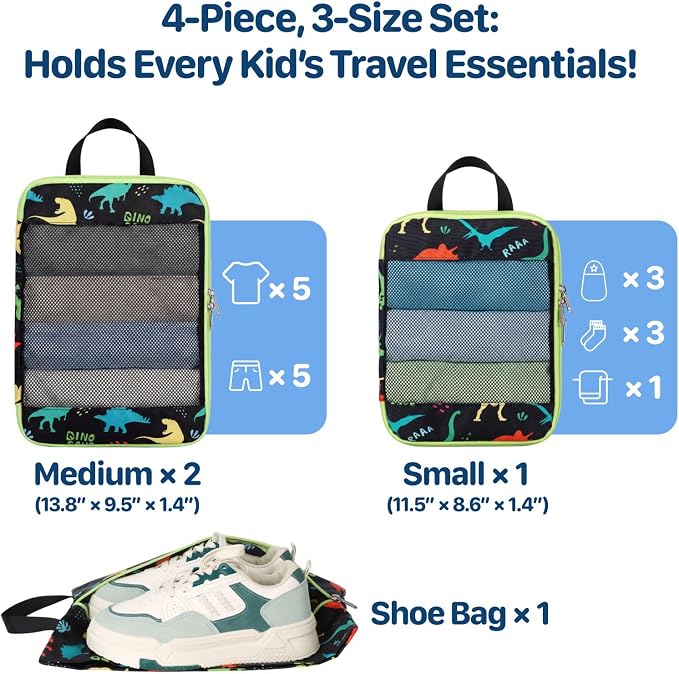 Kids Compression Packing Cubes - 4 PCS Sets, Black Dinasour | Water Resistant 4 Piece Set with Shoe Bag, Toddler Suitcase Organizer Set, Expandable Storage for Luggage - Image 4