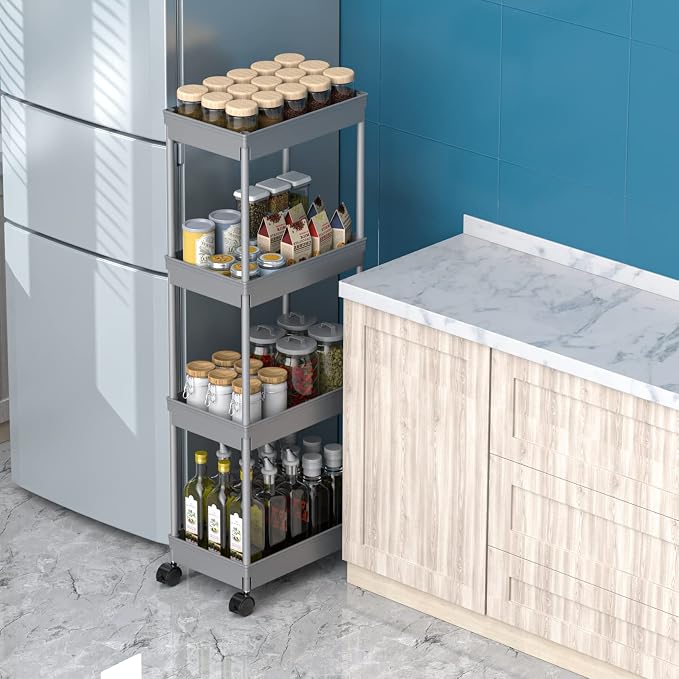 Sooyee 4 Tier Wide Storage Cart, Rolling Utility Cart Grey | Mobile Shelving Unit Organizer with Wheels, Slide Out Storage, Tower Rack, For Kitchen Bathroom Laundry - Image 3