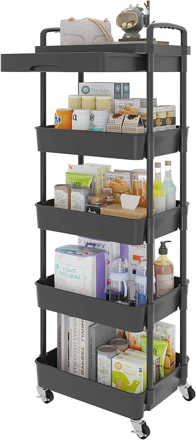 Calmootey 5-Tier Utility Cart with Drawer & Wheels, Storage for Home,Office | Space-Saving Organizer, Sturdy Plastic Shelves, Smooth-Rolling Metal Wheels, Built-in Drawer for Small Items, Black by Calmootey