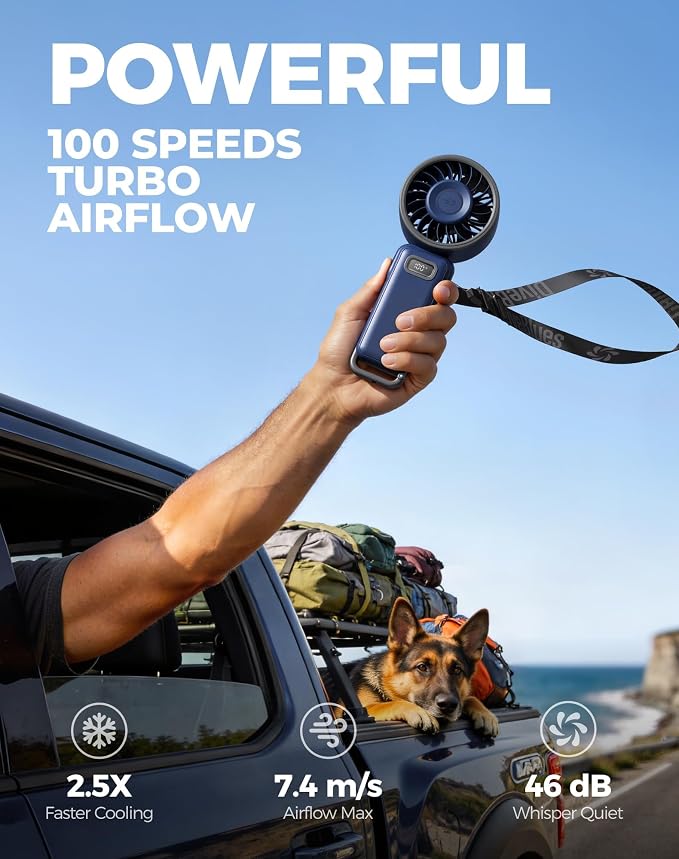 Diveblues Fanzy D6036 Portable Handheld Fan, Harbor Blue | 7.4m/s High Speed Turbo, 180° Foldable 4-in-1, Integrated Carabiner Clip, 100 Speed Stepless Control - Image 2