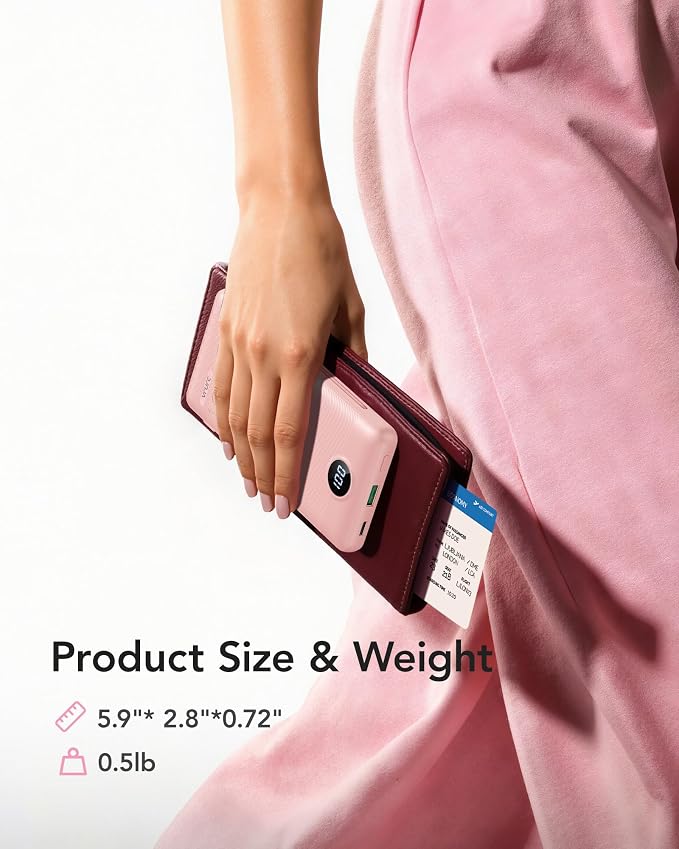 VRURC 22.5W Portable Charger 10000mAh Fast Charging with Built-in AC Plug | powe bank battery pack, travel essentials for women,USB C cable, Ultra Slim,pocket size Pink - Image 6