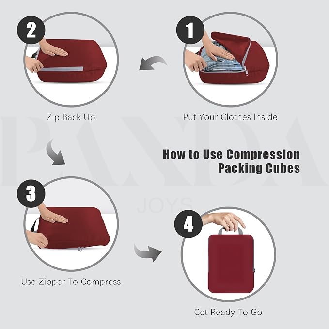 4 Set Compression Packing Cubes Travel - Travel Accessories Expandable Packing Organizers for Carry On - Essentials Luggage Bags - Burgundy - Image 2