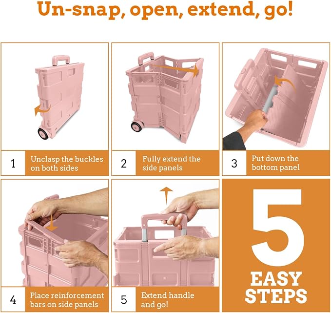 Inspired Living Ultra-Slim Rolling Collapsible Storage Pack-N-Roll Utility-carts, with Telescopic Handle, for Home, Garden, Shopping, Office, School use, Medium, Raspberry Pink - Image 9