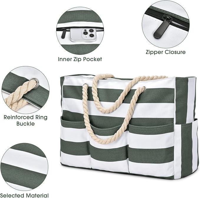 Becokan Beach Bags for Women Canvas Large Beach Tote Bag Zipper Waterproof Sandproof Foldable Swim Pool Bag with 7 Pockets - Image 4