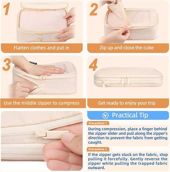 BAGAIL 4 Set/6 Set/8 Set Compression Packing Cubes Travel Accessories Expandable Packing Organizers (Square Mesh, 05-Cream) - Image 4