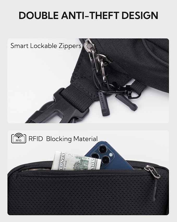 WATERFLY Small Fanny Pack RFID Blocking Travel Hiking Crossbody Waist Bag | Anti-theft design, Water resistant, Lockable zipper, Hidden rear pocket, Lightweight hip belt bag, EDC Running, Cycling, Gym - Image 4