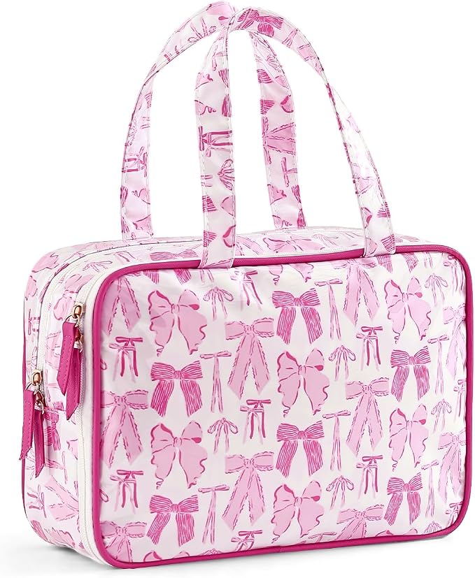 Toiletry Bag for Women, Pink Bow | Clear Coated,Waterproof,Multiple Compartment,Open Flat,Handle,Travel Organizer for Shampoo,Conditioner,Cosmetic Accessories by THOVSMOON