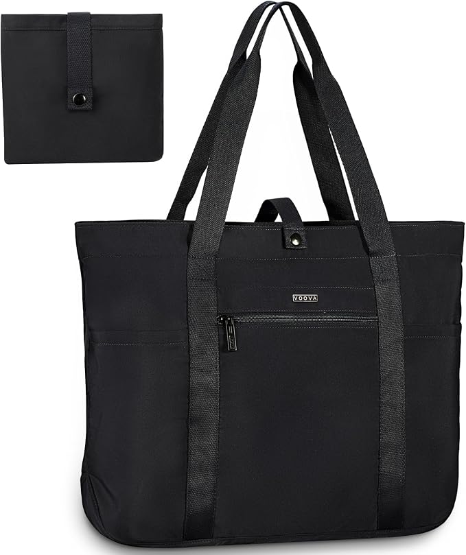 Voova Large Canvas Tote Bag for Women with Shoulder Strap, Black | 13-inch laptop compartment and multiple pockets in a roomy crossbody tote for work, travel, school or shopping by Voova