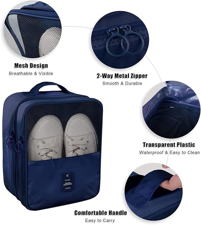 Travel Shoe Bag Waterproof Shoe Organizer Bag Holds 3 Pair of Shoes Shoe Packing Cube for Suitcase Travel and Daily Use Storage Pouch with Handle (Navy Blue) - Image 6