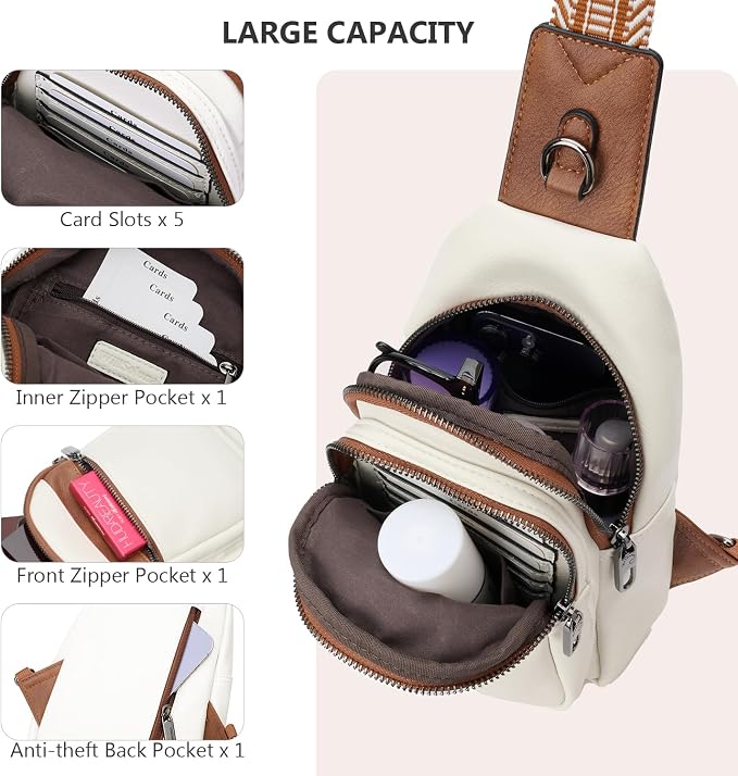 Anti-theft Chest Bags Women Small PU Leather Sling Fanny Pack | RFID Blocking,Safety Zipper,5 Card Slots,Adjustable Strap,Large Capacity,Multi Pockets,Faux Leather,Daypack,Bum Bags,Travel - Image 7