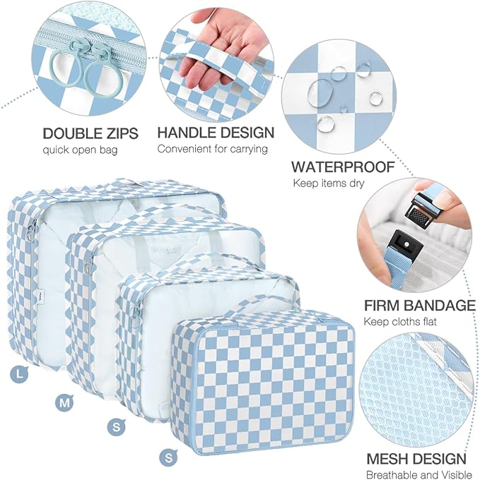 8 Set Packing Cubes for Suitcases, Packing Cube with Shoe, Cosmetics, Clothing, Accessories Bags Packing Cubes for Travel Luggage Organizer Women Men(Blue Checkered) - Image 3