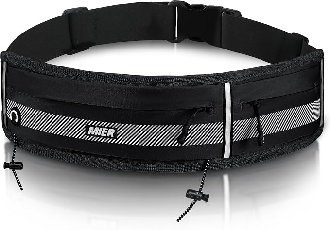 MIER Running Belt for Women & Men, Fanny Pack with Marathon Bib Clip, Black | Slim Adjustable Phone Holder Pouch; Reflective Waist Packs for Running Essentials; Waterproof Zipper Pockets by MIER
