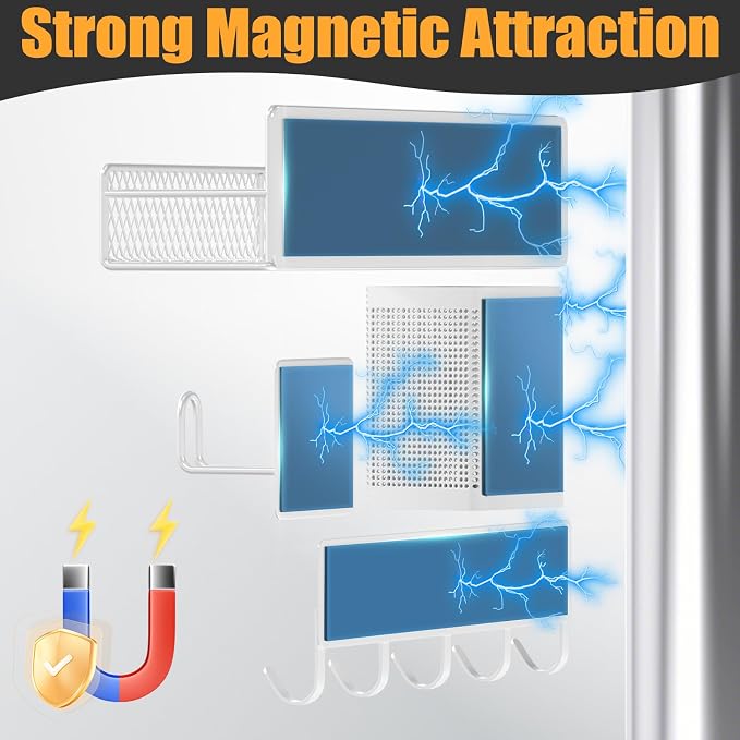 Magnetic Spice Rack for Refrigerator, 10 Pack Metal Magnetic Shelf, Moveable Spice Organizer with Hook Rack, Paper Towel Holder, Kitchenware Holder, Strong Magnetic Storage Fridge Organizer White - Image 3
