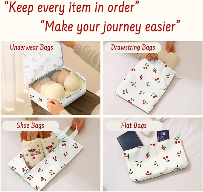 9 Set Packing Cubes for Travel Essentials - Lightweight Carry-On Luggage Organizer Bags with Shoe, Clothes & Laundry Bags for Airplane, Family & Business Travel, White Cherry - Image 4