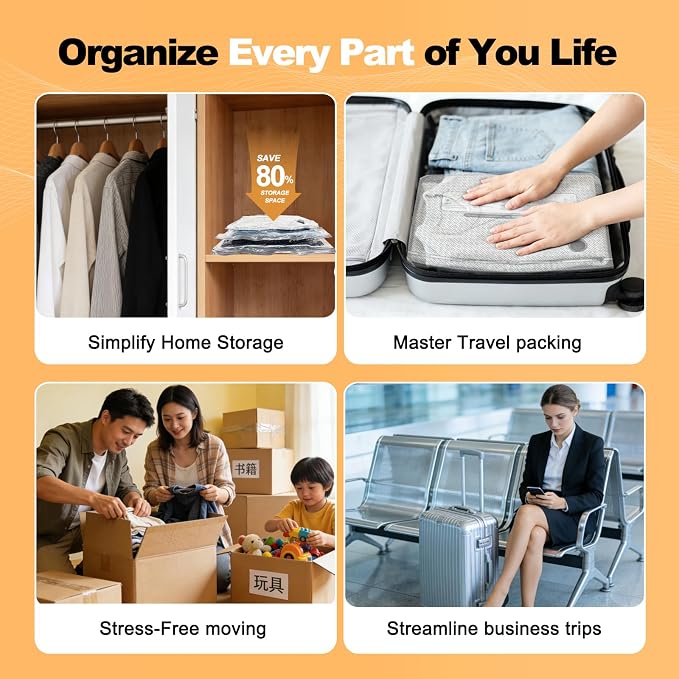 Vacuum Seal Bags for Clothing Travel, with Electric Pump 9-Pack | Save 80% luggage space. Tear-resistant PA+PE. Smart travel essentials replacing compression packing cubes. - Image 8