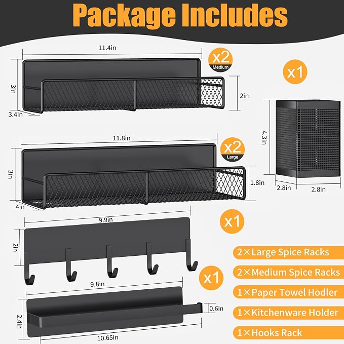 DTUQYX Magnetic Spice Rack for Refrigerator, 7 Pack Metal Shelf Black , Moveable Organizer with Hook Rack, Paper Towel Holder, Kitchenware Strong Storage Fridge - Image 2