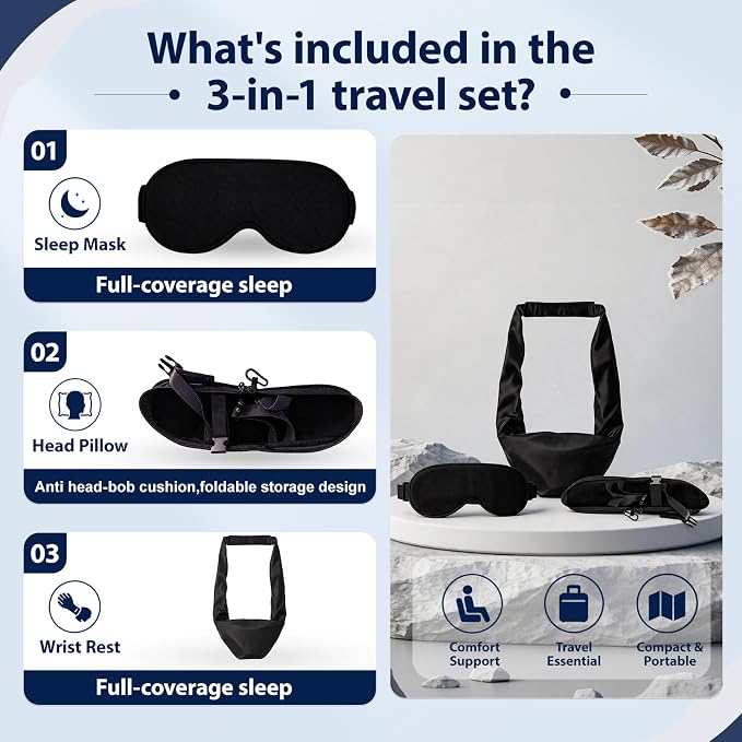 Airplane Sleep Support Set, 3 in 1 Airplane Sleep Support System | Travel Pillow Set for Long Flights, Ergonomic Memory Foam Neck Support with Blanket-Like Body Sling & Adjustable Sleep Mask - Image 2