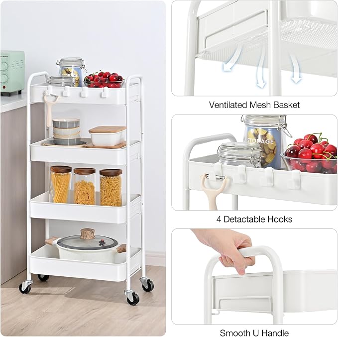 TOOLF 4 Tier Metal Rolling Cart, Utility Storage Cart with Wheels, White | Screwless Assembly, Lockable Metal Wheels, Trolley Organizer for Bathroom, Kitchen, Office, Dorm, Laundry, Craft Room - Image 8