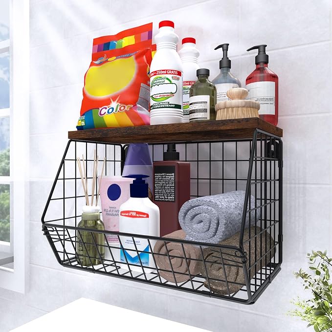 MSJGA Laundry Room Shelves, Wall Mounted Storage Basket, 11.8"Wx7.9"Dx8.5"H | Stackable Wire Wall Shelves Organizer for Towels, Detergent, Tissues, Space-Saving Over Washer & Dryer, Small Spaces by MSJGA