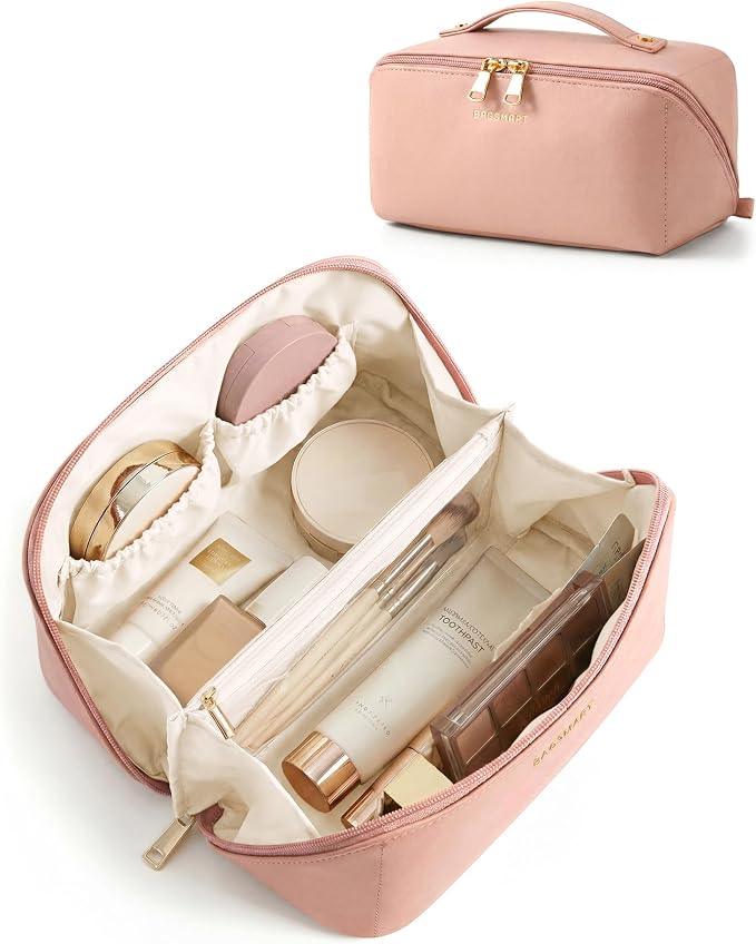 BAGSMART Makeup Bag Travel Cosmetic Bag,Women Toiletry Case, Nude Pink | Make Up Bag Flat Open Toiletry Bag for Women, PU Leather Travel Essentials Wide-open Skincare,Brushes Organizer Case Large by BAGSMART