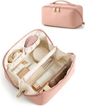 BAGSMART Makeup Bag Travel Cosmetic Bag,Women Toiletry Case, Nude Pink | Make Up Bag Flat Open Toiletry Bag for Women, PU Leather Travel Essentials Wide-open Skincare,Brushes Organizer Case Large by BAGSMART