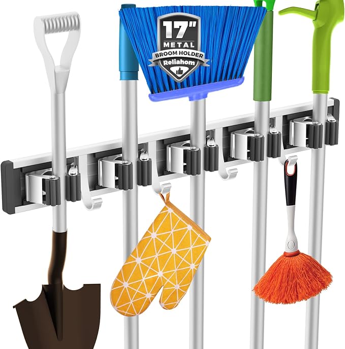 reliahom Broom Holder Wall Mount Mop Hanger Tools organizer 5Racks 4Hooks | Adjustable Mop Broom Wall Hanging Heavy duty Tools Storage Rack Space-saving for Garage,Kitchen,Laundry Room,Garden, Black by reliahom