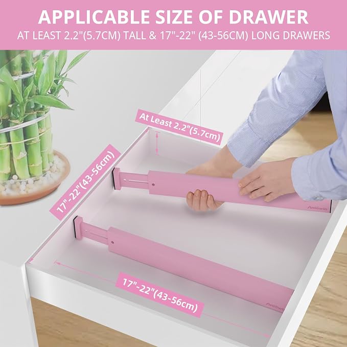 Expandable Bamboo Drawer Dividers Organizers, Drawer Separators Splitter, 17-22 inches Long Adjustable Spring-loaded Organizer for Large Utensil, Clothes, Tools(Pink) - Image 5