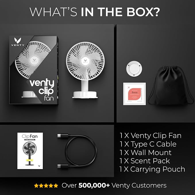 VENTY Portable Clip Fan - Rechargeable 10-Hour Battery Portable Fan - 360° Rotation & 90° Tilt - Stroller Fan, Desk Fan or Bedside Fan - Aromatherapy & LED Light - USB-C Rechargeable Clip On Fan - Image 2