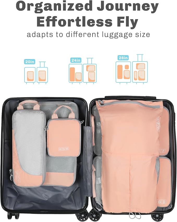 6 Set/ 4 Set/ 2 Set Compression Packing Cubes Travel Essentials Lightweight Nylon Luggage Suitcase Organizer Bag Light Pink 6PCS - Image 3