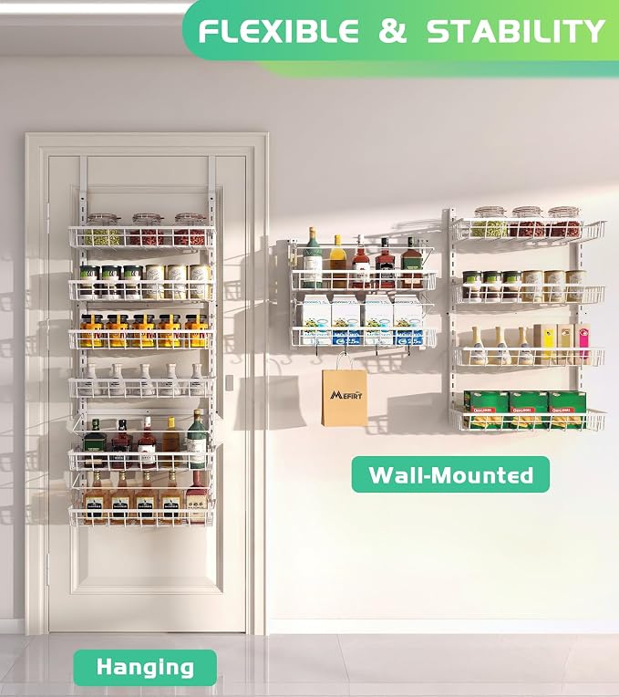 Mefirt Over The Door Pantry Organizer, Wall Mount Spice Rack 6-Tier White | Pantry Hanging Organizers and Storage, Adjustable Baskets Heavy-Duty Metal for Home & Kitchen, Back of Door Seasoning Rack - Image 6