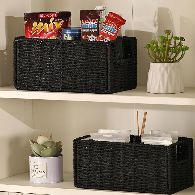 Wicker Storage Basket, Set of 2 Black Wicker Baskets for Bathroom | Hand-Woven Wicker Small Storage Baskets for Organizing Toilet Paper, Foldable Large Cube Storage Organizer Bin for Shelves - Image 4