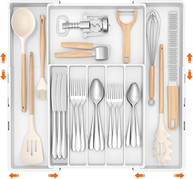 Lifewit Expandable Silverware Drawer Organizer, Utensil Tray for Kitchen | BPA Free Flatware and Cutlery Holder, Adjustable Plastic Storage for Spoons Forks Knives, 12-20.5 x 11.3-19.4 x 1.7, White by Lifewit