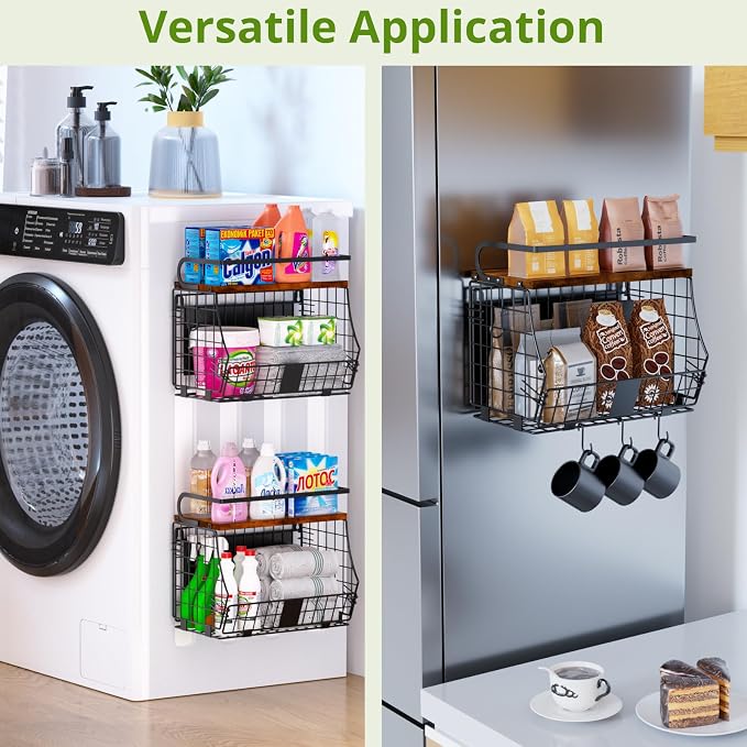 Magnetic Shelf for Fridge with Wood Top & Produce Basket – 2-in-1 Magnetic Spice Rack for Refrigerator – Space-Saving Kitchen Organizer for Fruits, Potatoes, and Onions (with Hooks) - Image 7