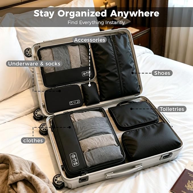 Compression Packing Cubes for Travel, 8-Piece Luggage Organizers Space-Save | Ultralight Sleek Luggage Organizer Set for Business Trips & Frequent Travelers, Space Saving for Carry-On & Suitcase - Black - Image 6