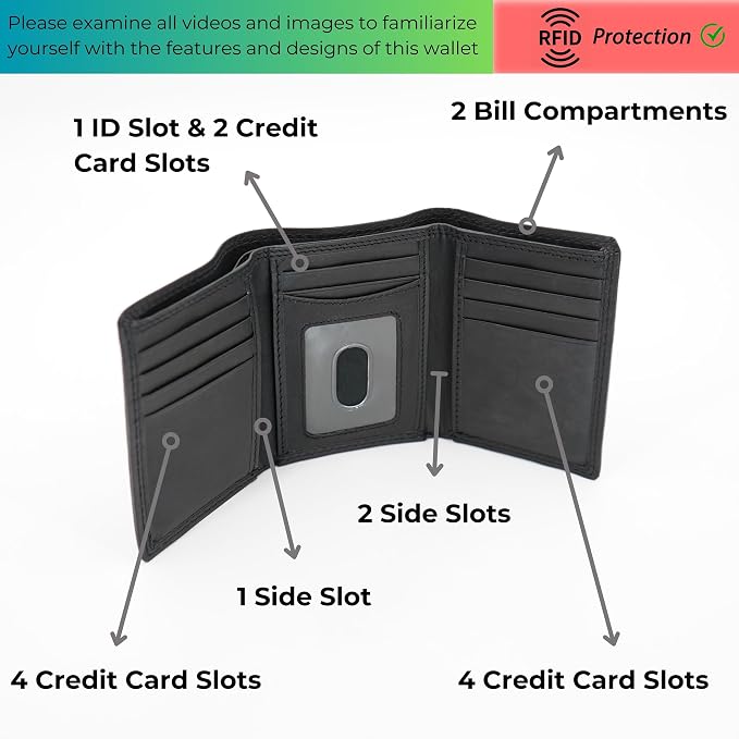 AG Wallets RFID Blocking Wallet for Men - Trifold Minimalist Slim Wallet with 10 Credit Card Slots & 3 Side Slots - 100% Genuine Leather Travel Wallet - Secure Compact Wallet - Black - Image 7