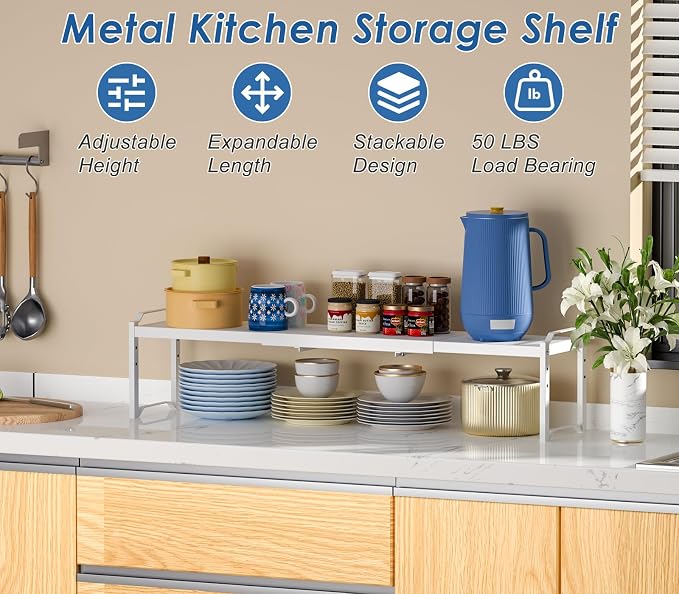 Metal Storage Shelves For Kitchen Pantry, Cabinet Shelf Organizer, Adjustable Height, Expandable Length, Stackable Design,50 LBS Load Capacity, For Dishes Spices Cans Plates Cans Bottles Cups Mugs - Image 3