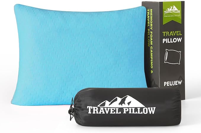 Small Shredded Memory Foam Pillow, Camping Pillow Travel Pillow - Compressible Medium Firm, Breathable Cover, Ideal Backpacking Hiking, Airplane and Car (Sky Blue, M) by PEUJEW