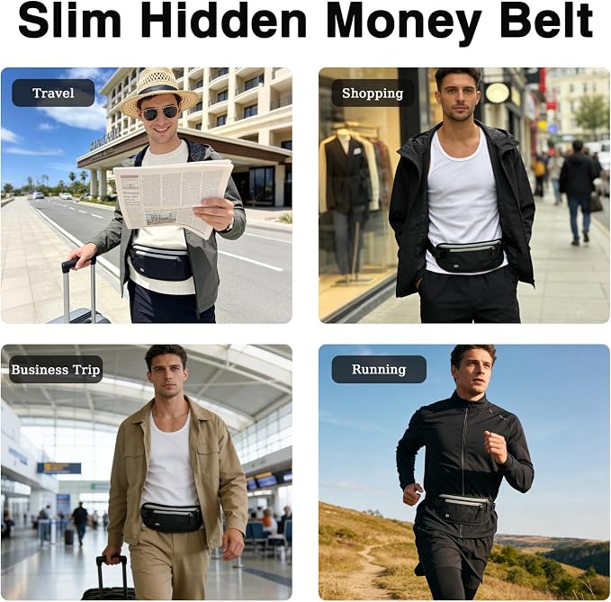 FuninCrea Waterproof Hidden Money Belt for Travel, Anti-Theft Belt Bag with RFID Blocking Function Adjustable Slim Waist Bag with 2 Zipper Pockets & 1 Back Pocket for Travel Running (B, Black & Grey) - Image 5