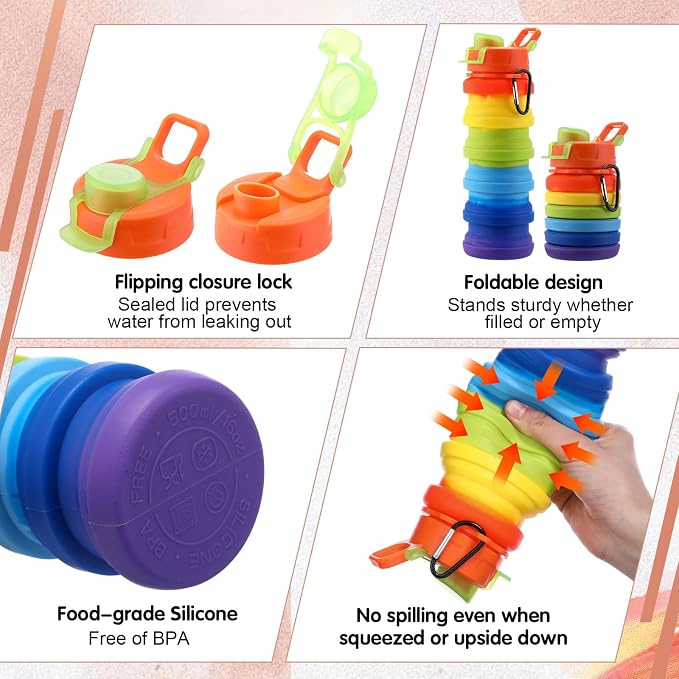 Sunnyray 30 Pack Collapsible Water Bottles Bulk Foldable Water Bottles 17oz Silicone Portable Leak Proof Reusable Sports with Clip for Travel Hiking Camping Outdoor (Colorful) - Image 3