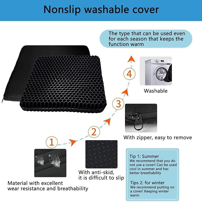 Gel Seat Cushion, for Long Sitting -Double Thick Gel Seat Cushion Breathable Honeycomb Chair Cushion with Non-Slip Cover for Office Chair Car, Wheelchair, Long Trips,Relief Sciatica Pain - Image 5