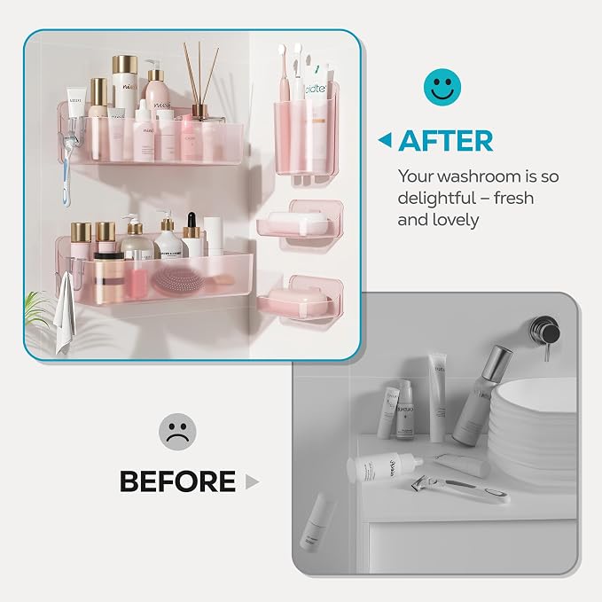Nieifi Adhesive Shower Shelves, Pink, 5 Pieces | Rustproof ABS, Large Capacity, Removable Design, Easy-Clean, No Drilling Shower Organizer for Bathroom Storage & Home Decor - Image 8