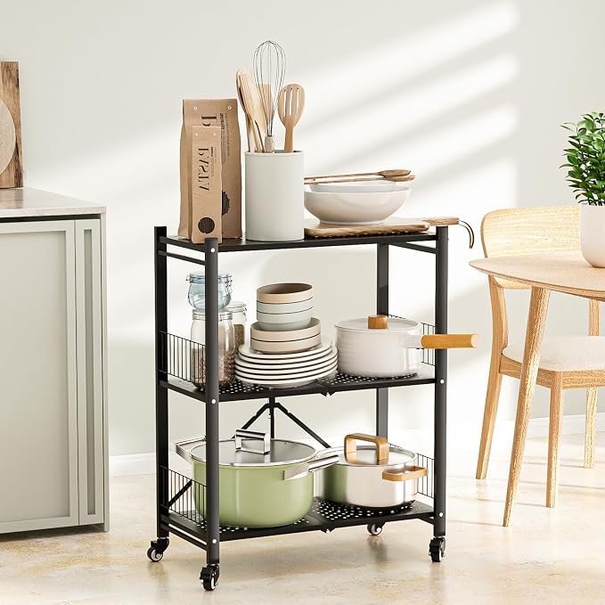 Folding Storage Shelves No Assembly, 3 Tier Metal Foldable Shelves with Wheels, Collapsible Rolling Storage Rack for Laundry Room Garage Small Spaces, Black - Image 6