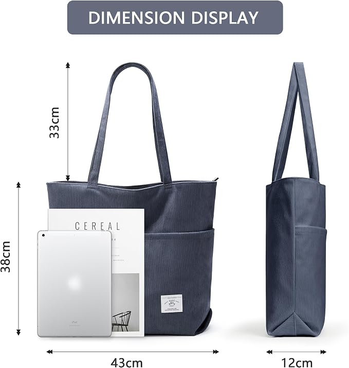 KALIDI Women Corduroy Tote Bag Zipper Casual Tote's Handbag Big Capacity Shoulder Bag with Pockets - Image 6